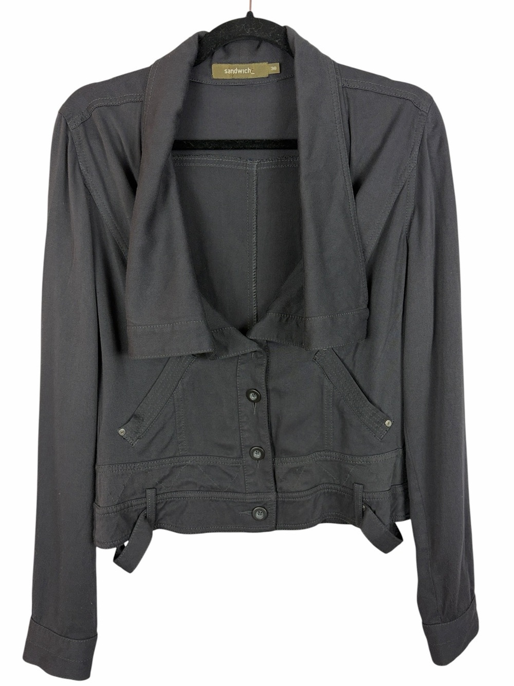 Sandwich Black Draped Collar Button Front Cropped Jacket Rayon Size 38